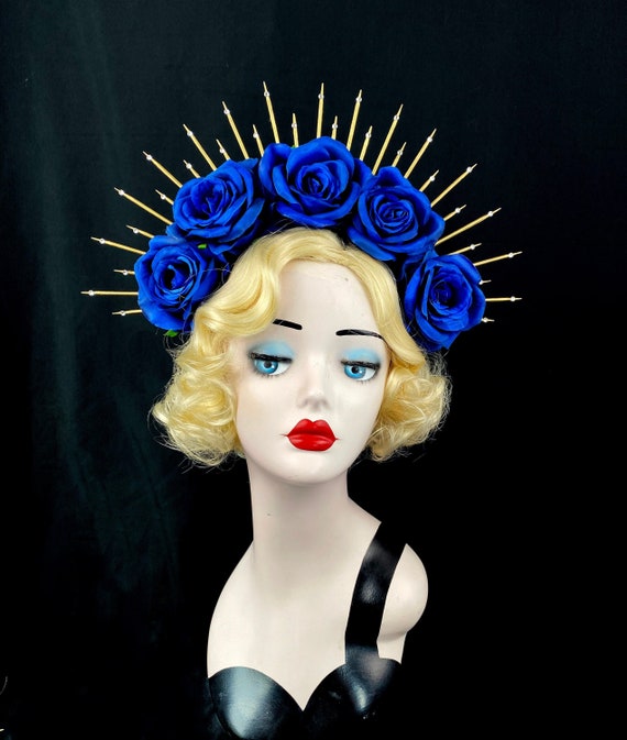 Deep Blue Rose Halo Headband, Flower Crown, Gold Spike  display picture 1