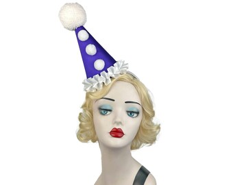 Purple with White Trim Clown Hat, Scary Clown Costume, Cirque Costume, Kid's Birthday Party Hat, Adult Halloween Costume, Mini Clown Hat