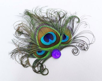 Peacock Feather Fascinator, Purple Fashion Accessory, Bridesmaids Head Piece, Weddings Hair Clip, 1920's Flapper, Halloween Costume