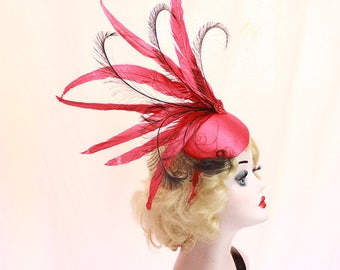 Red Hat, Feather Fascinator, Showgirl Headpiece, High Fashion