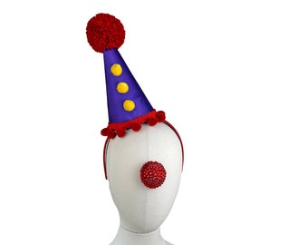 Purple, Red, and Yellow Clown Hat, Scary Clown Costume, Cirque Costume, Kid's Birthday Party Hat, Adult Halloween Costume, Mini Clown Hat