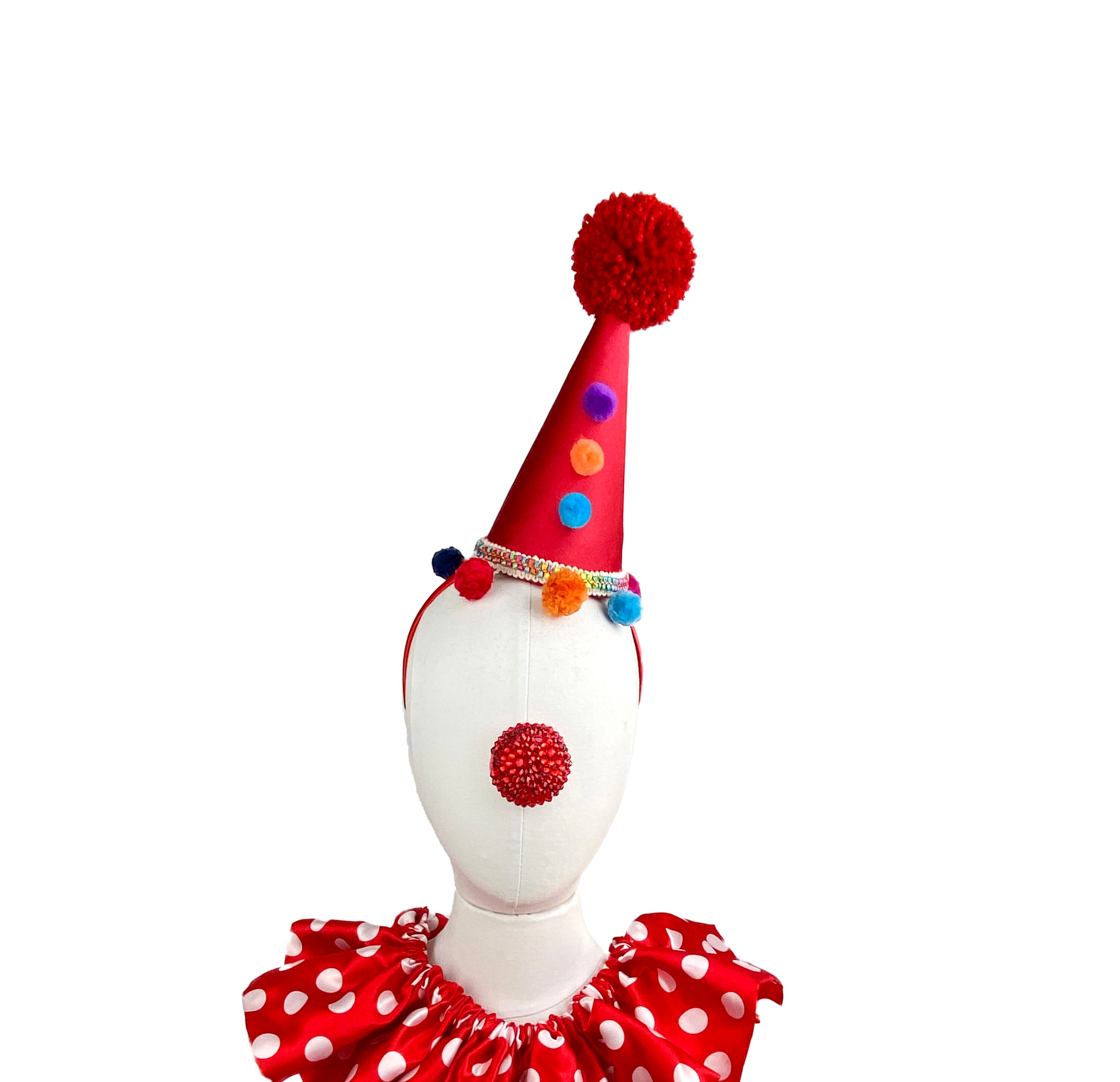 Red Clown Hat With Pom Poms Scary Clown Costume Cirque image