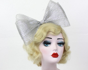 Silver Metallic Bow Headband, Alice Band, Adjustable, Giant Bow, Halloween Costume, Womens Hair Accessory,  Gold Fascinator