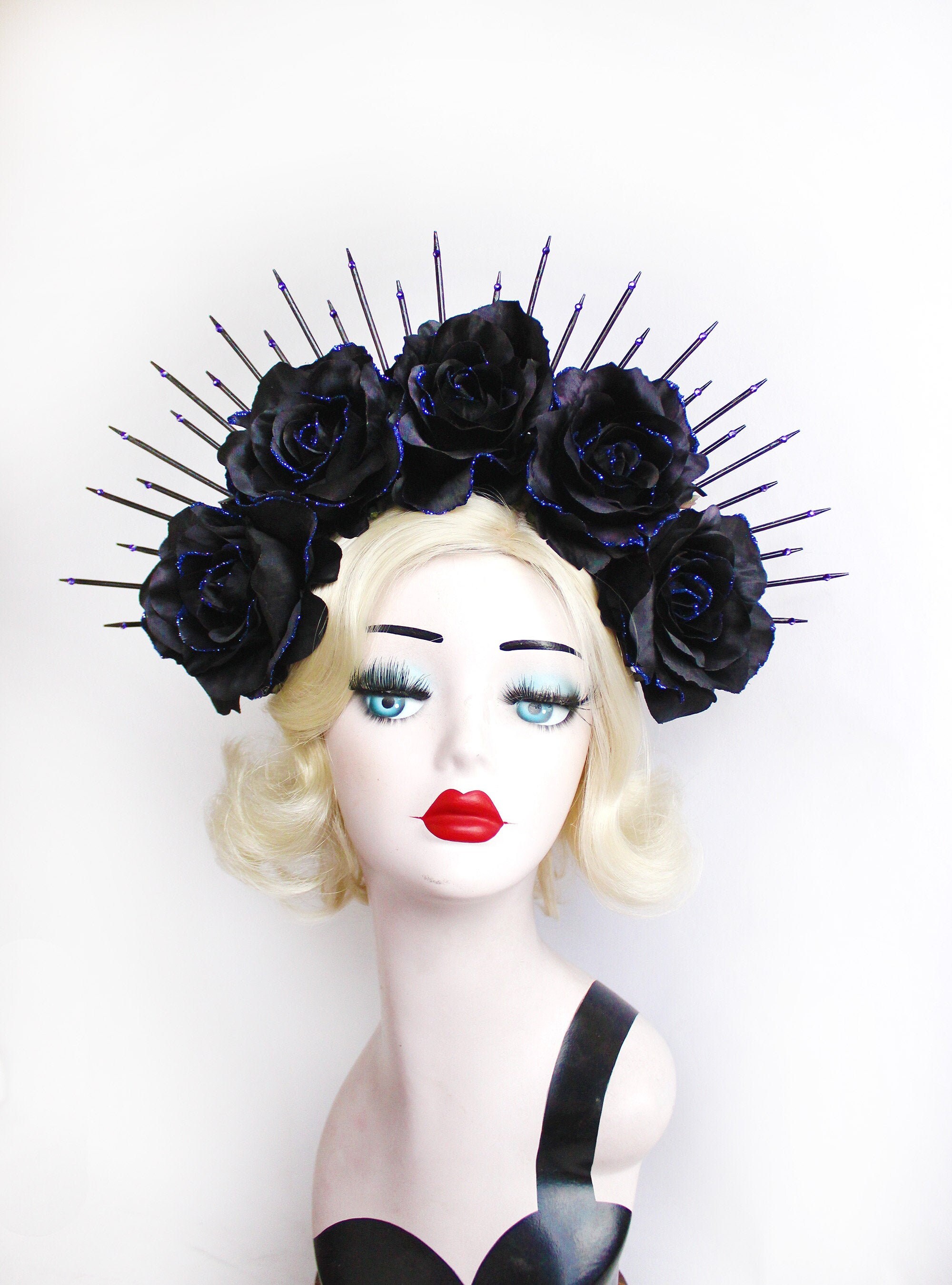 Day of the Dead, Black Rose and Gold Virgin crown headpiece. agrohort