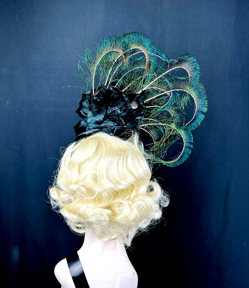 Peacock Feather Fascinator Hat with Black Silk Flower, Kentucky Derby Hair Accessory, Royal Ascot Races, Rose Headpiece, Gothic Wedding image 7