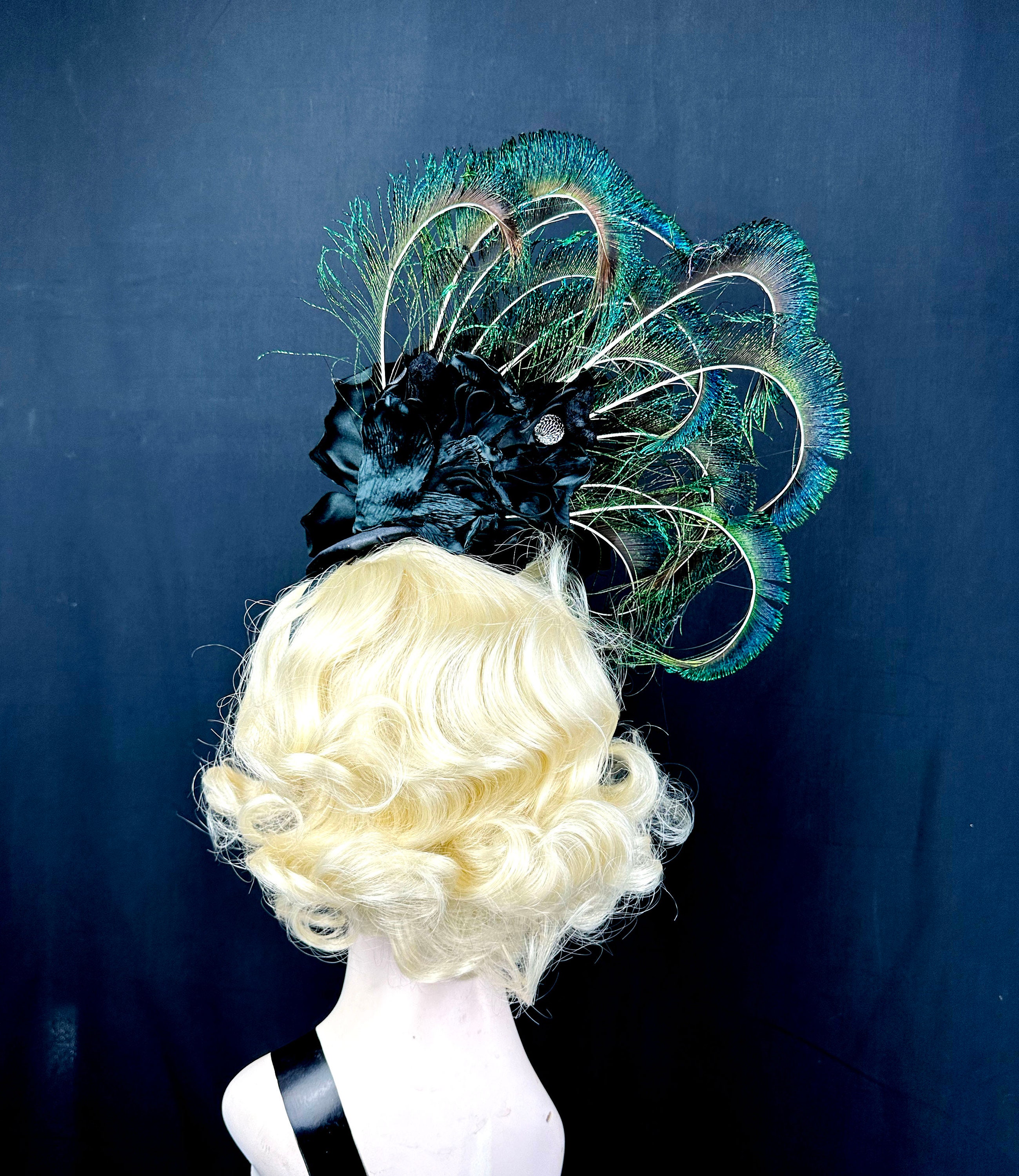 Peacock Feather Fascinator Hat With Black Silk Flower 
