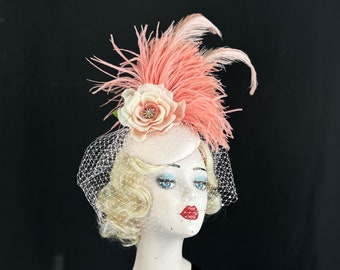 Blush Pink Feather Fascinator Hat with Silk Rose, Veil, Kentucky Derby Hair Accessory, Ascot Races, One of a Kind with Vintage Elements