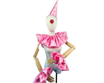 Rosa Satin Clown Accessoire Set, Hut, Kragen, Manschetten, Zirkus Halloween Kostüm, Vintage Karneval, Clowncore Cosplay, Geburtstagsparty