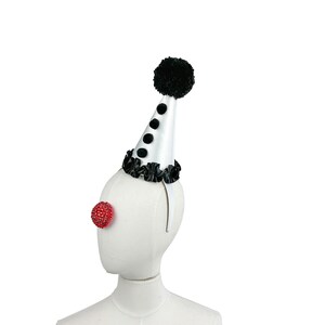 Clown Hat On Headband. Black and White, Circus Hair Accessory, Halloween Costume, Handmade Pom Pom, Birthday Party, Photo Prop image 4