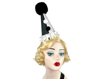 Black and White Clown Hat, Cirque Costume, Birthday Party Hat, Kids, Adults, Carnival, Burlesque Headpiece, Circus Hair Accessory