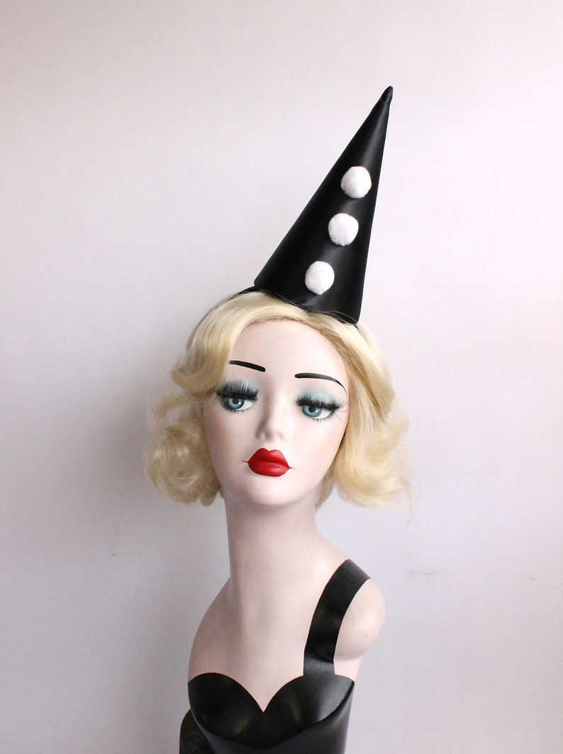 Mini Black Clown Hat with Pom Poms, Halloween Costume, Circus Headpiece, Carnival Headwear image 4