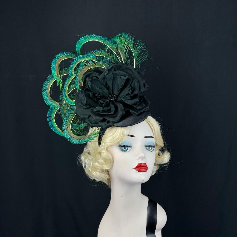 Peacock Feather Fascinator Hat with Black Silk Flower, Kentucky Derby Hair Accessory, Royal Ascot Races, Rose Headpiece, Gothic Wedding image 3