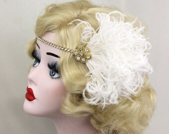 1920s Flapper Gold Headband - Ivory Feather Fascinator - Great Gatsby Headpiece - Wedding Hair Accessory - Crystal Head Band - Dance Costume