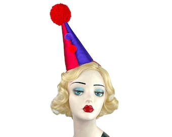 Half Purple, Red Mini Clown Hat, Big Pom Pom Topped, Halloween Costume, Circus Headpiece, Carnival Headwear, Birthday Party, Clowncore