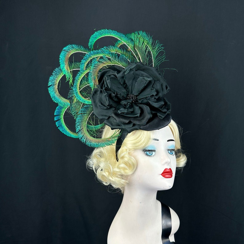 Peacock Feather Fascinator Hat with Black Silk Flower, Kentucky Derby Hair Accessory, Royal Ascot Races, Rose Headpiece, Gothic Wedding image 1