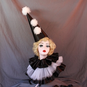Black Clown Hat with Collar and Cuffs, High Fashion, Halloween Costume, Vintage Clown, Burning Man, Circus Costume, Tulle Pom Poms