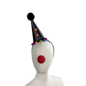 Goth Clown Hat, Black and Orange, Classic Circus, Halloween Costume, Adjustable Headband, Theatrical Costuming,  Mini Clown Hat Headpiece