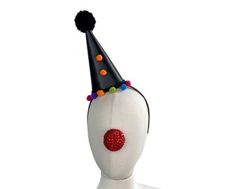 Gothic Clown Hut, schwarz und orange, klassischer Zirkus, Halloween-Kostüm, verstellbares Stirnband, Theaterkostüm, Mini Clown Hut Kopfschmuck