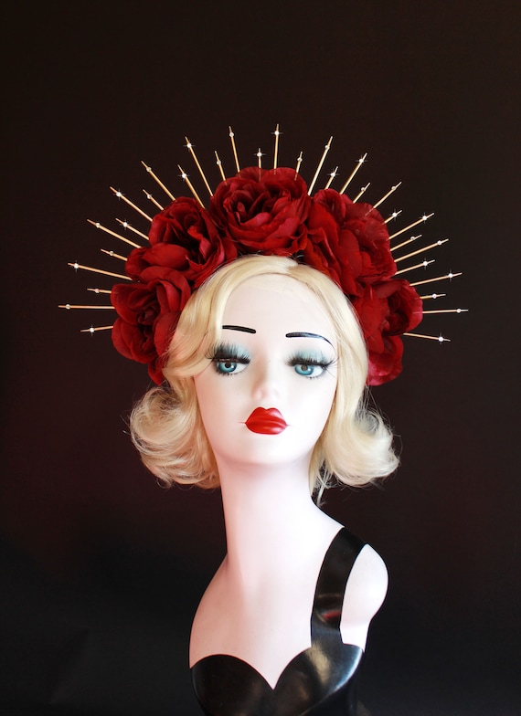 White headband w/red roses and spikes Gold Sunburst Red Rose Halo Crown, Gothic Spike Headpiece - Etsy main image 2