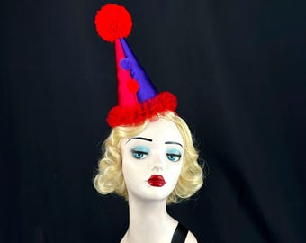 Red and Purple Clown Hat, Scary Clown Costume, Cirque Costume, Kid's Birthday Party Hat, Adult Halloween Costume, Mini Clown Hat