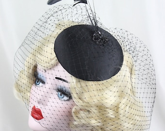 Vintage Nat Frank NY Feather Veil Cocktail Fascinator Hat Gothic Vintage Rose Fascinator Hat Small Top Hat with Veil Feather  main image 3