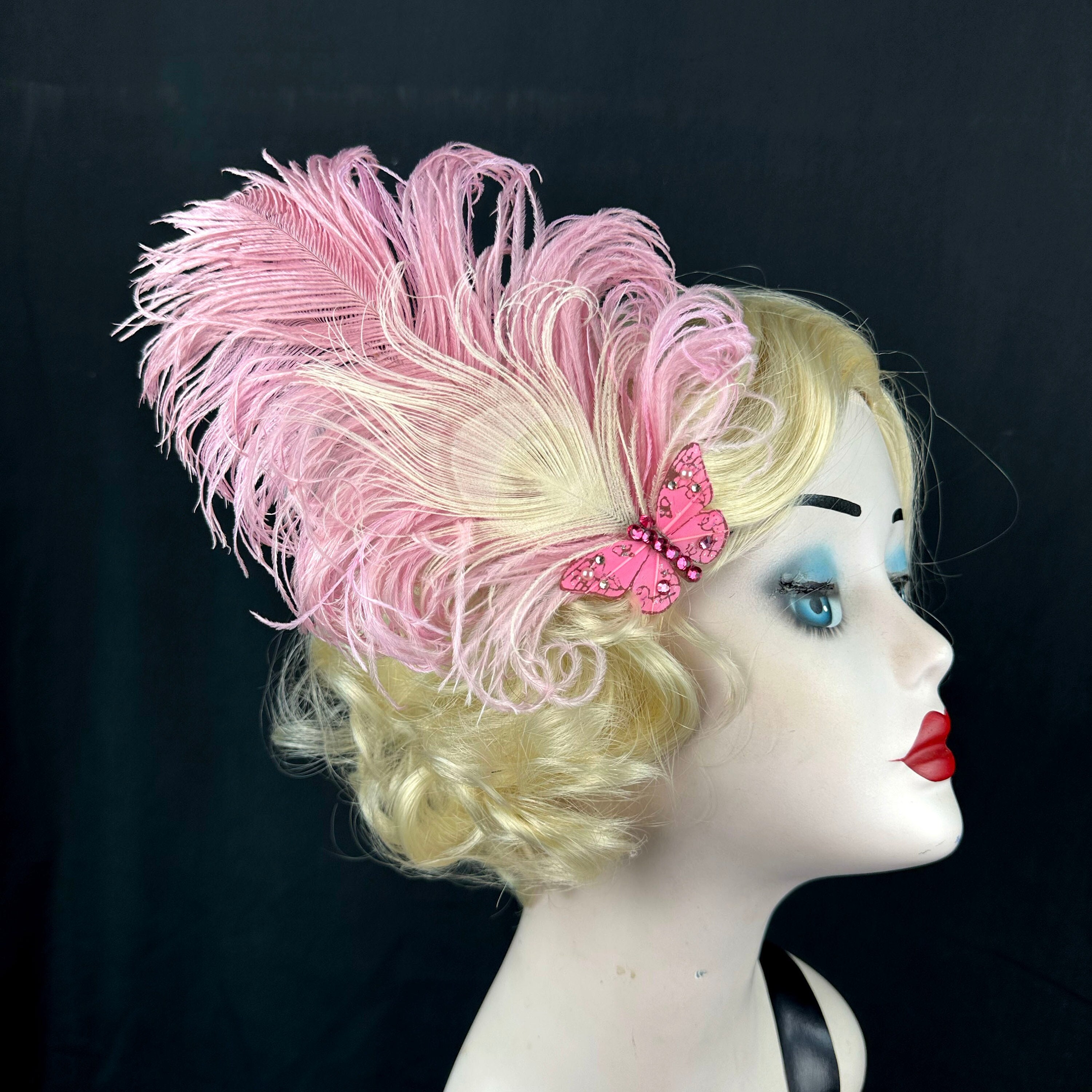 Ivory Peacock Feather Fascinator, Pink Butterfly Hair Clip, 1920s ...