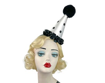 White Satin Black Ruffle Clown Hat, Polka Dot, Cirque Costume, Kid's Birthday Party Hat, Adult Halloween Costume, Mini Clown Hat