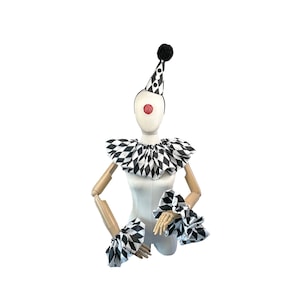 Black and White Diamond Satin Clown Costume Set, Halloween Costume, Clown Hat, Collar, Cuffs, Vintage Clown, Circus, Harlequin, Jester