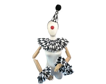 Ensemble de costume de clown en satin noir et blanc, costume d'Halloween, chapeau de clown, col, poignets, clown vintage, cirque, arlequin, bouffon