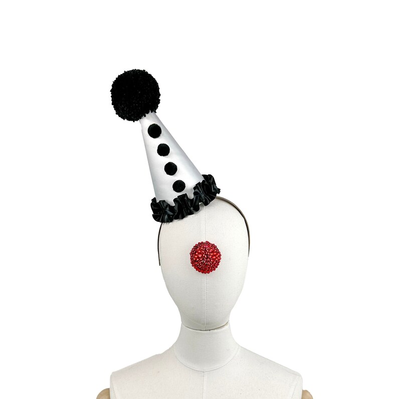 Clown Hat On Headband. Black and White, Circus Hair Accessory, Halloween Costume, Handmade Pom Pom, Birthday Party, Photo Prop image 1
