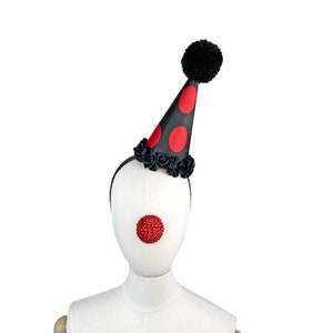 Clown Hat, Black and Red, Classic Circus, Halloween Costume, Adjustable Headband, Theatrical Costuming,  Mini Clown Hat Headpiece