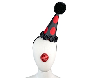 Clown Hat, Black and Red, Classic Circus, Halloween Costume, Adjustable Headband, Theatrical Costuming,  Mini Clown Hat Headpiece