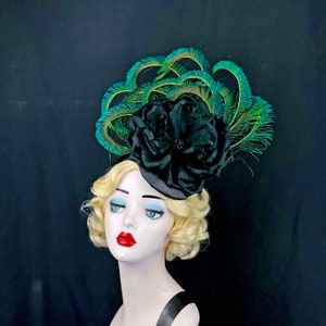 Peacock Feather Fascinator Hat with Black Silk Flower, Kentucky Derby Hair Accessory, Royal Ascot Races, Rose Headpiece, Gothic Wedding image 6