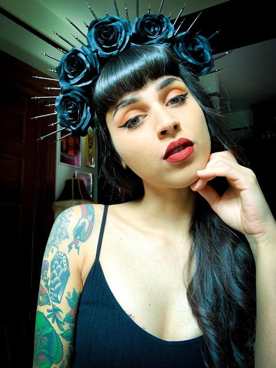 Black Rose Flower Crown W Crystals 4 Inch Gold Halo Etsy