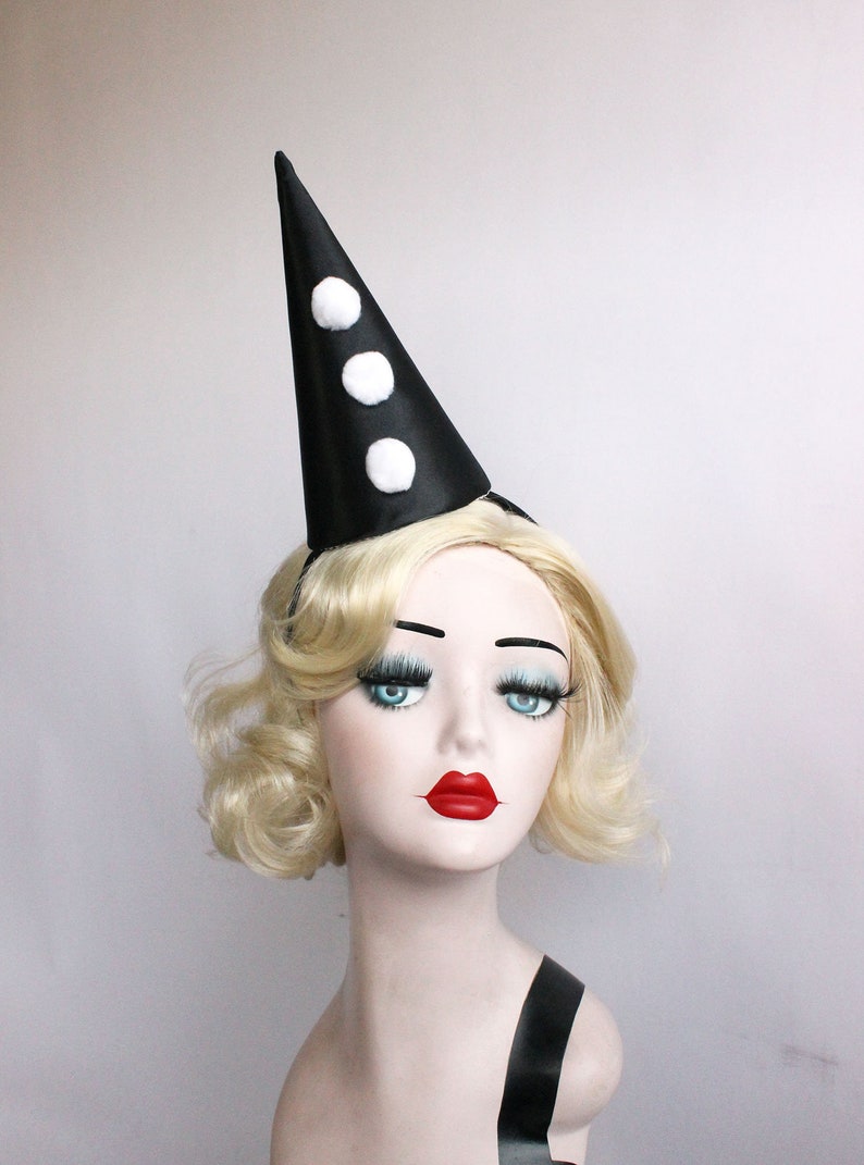 Mini Black Clown Hat with Pom Poms, Halloween Costume, Circus Headpiece, Carnival Headwear image 2