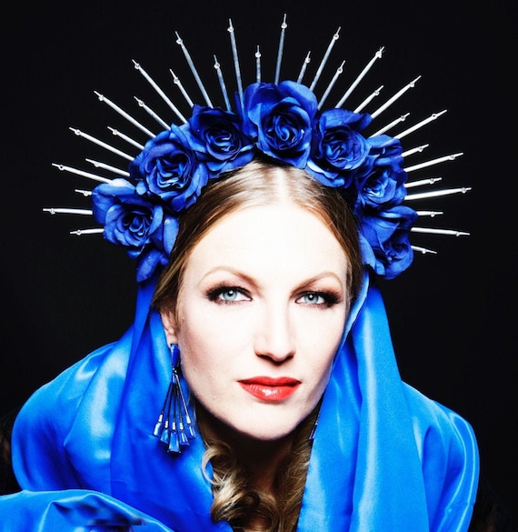 Royal Blue Rose Flower Bridal Headpiece, Silver Halo Crown 