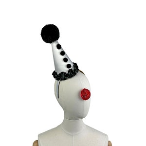 Clown Hat On Headband. Black and White, Circus Hair Accessory, Halloween Costume, Handmade Pom Pom, Birthday Party, Photo Prop image 2