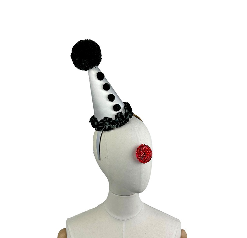 Clown Hat On Headband. Black and White, Circus Hair Accessory, Halloween Costume, Handmade Pom Pom, Birthday Party, Photo Prop image 2