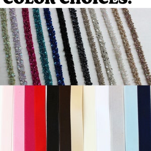 May include: Color choices for beaded trim, shown in 10 colors: light green, lavender, pink, teal, blue, black, gray, beige, white, and brown.  Below are 10 ribbon colors: pink, fuchsia, red, black, brown, beige, white, gray, light blue, and navy.