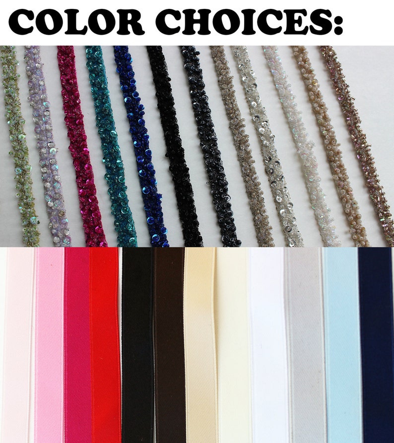 May include: Color choices for beaded trim, shown in 10 colors: light green, lavender, pink, teal, blue, black, gray, beige, white, and brown.  Below are 10 ribbon colors: pink, fuchsia, red, black, brown, beige, white, gray, light blue, and navy.