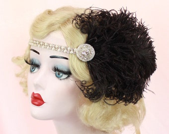 Black and Silver Headband - Great Gatsby Headpiece - Feather Fascinator - 1920s Flapper - Pearl Bridal Hair Accessory - Halloween Costume