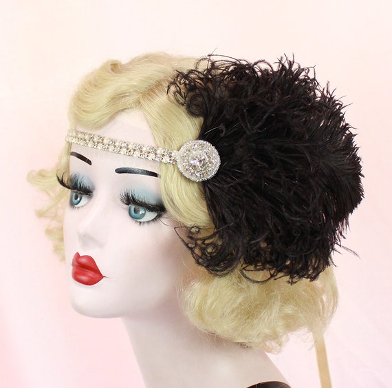 Silver Headband with Black Feathers 1920s Costume Accessory Silver Headband with Black Feathers 1920s Costume Accessory