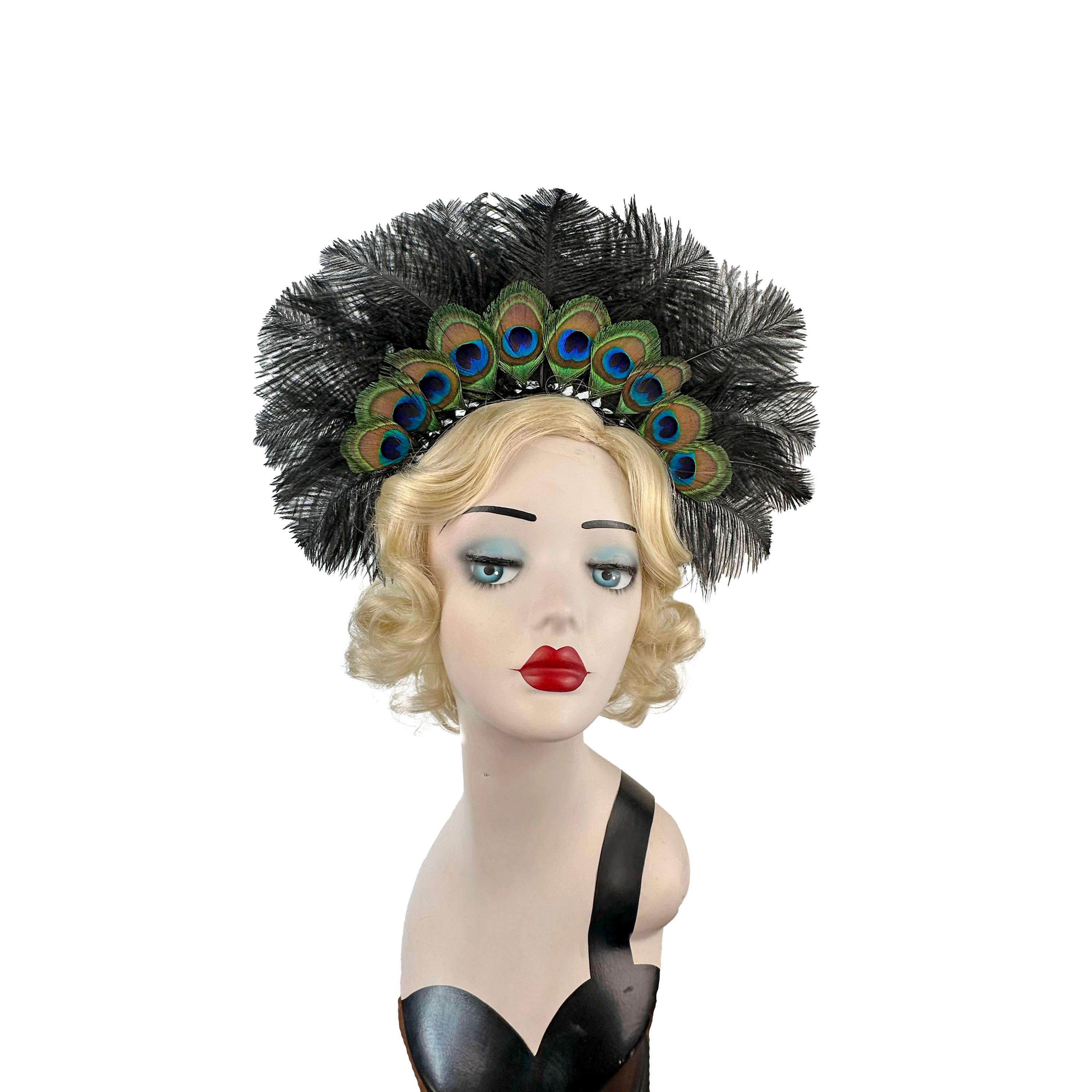 Ostrich and Peacock Feather Crown Headband, Showgirl Headdress, Burlesque Costume, Festival Wear, Art Deco, Burning Man, Hair Accessory