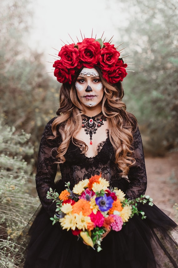 Día De Los Muertos Corona De Flor Rosa Roja Corona De Halo - Etsy España