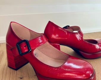 Red Patent Babydoll Chunky Heeled Platform Pumps Made in Spain by Hispanitas 9 10