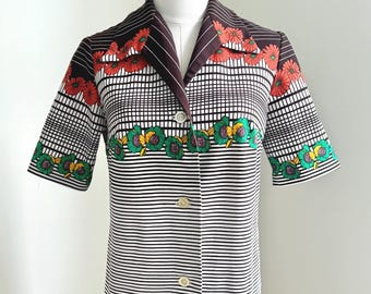 Vintage Retro Brown Striped Flowers Short Sleeve Blouse // Size Medium