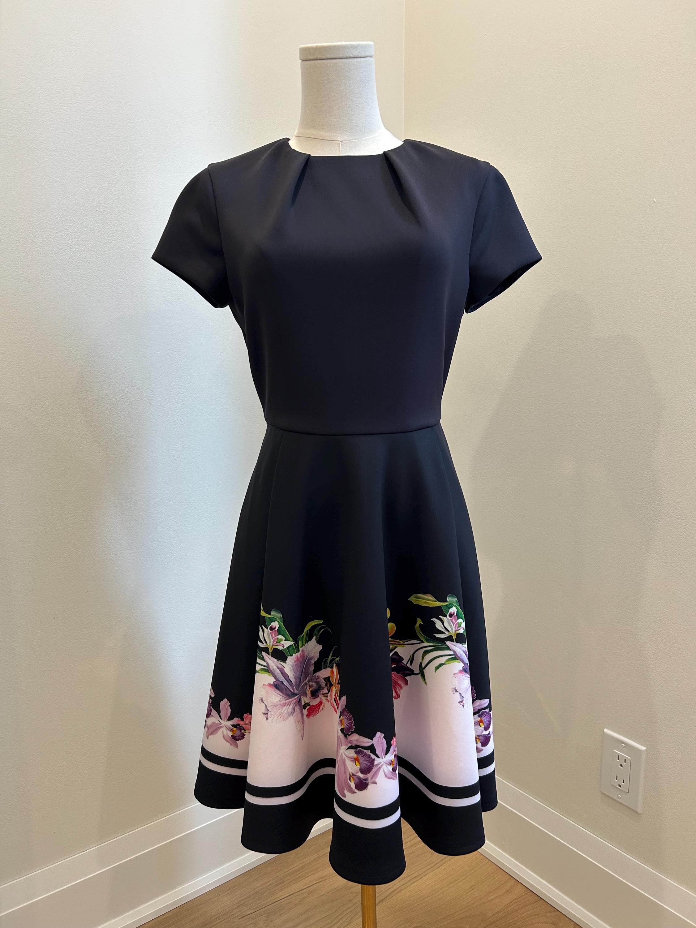 Designer Ted Baker Dress Vintage Inspired Black Pink Floral Flower Stripe // Size Small XS