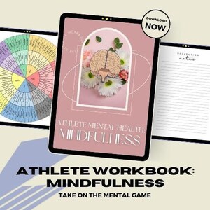 Peut inclure: Un classeur numérique pour les athlètes axé sur la santé mentale et la pleine conscience. La couverture présente un fond rose avec une illustration de cerveau et des fleurs. Le texte "ATHLETE MENTAL HEALTH: MINDFULNESS" est affiché en noir.