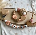 Baby gift set, pacifier chain, grasping toy, heart design, pink, girl, flower, personalized, handmade, gift for birth product logo