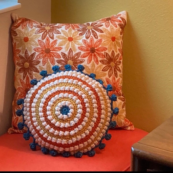 Boho Crochet Pillow,Circle Pom Pom Pillow,8 inch round pillow,10 inch pillow,12 inch pillow,Teal,Southwest Pillow,Terracotta,Gold,Orange